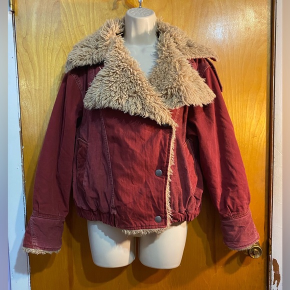 FINAL PRICE, EUC Free People sherpa lined OWEN red canvas moto jacket/coat XS - Picture 1 of 8